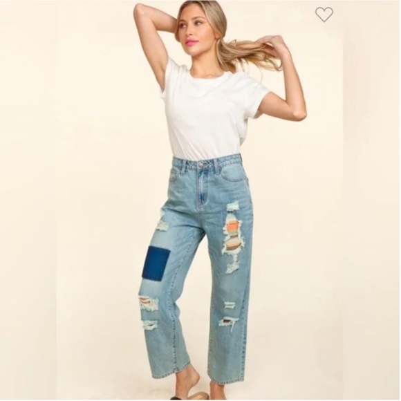 Haptics Ripped Patchwork High Waist Straight Leg Jeans - Picture 2 of 8